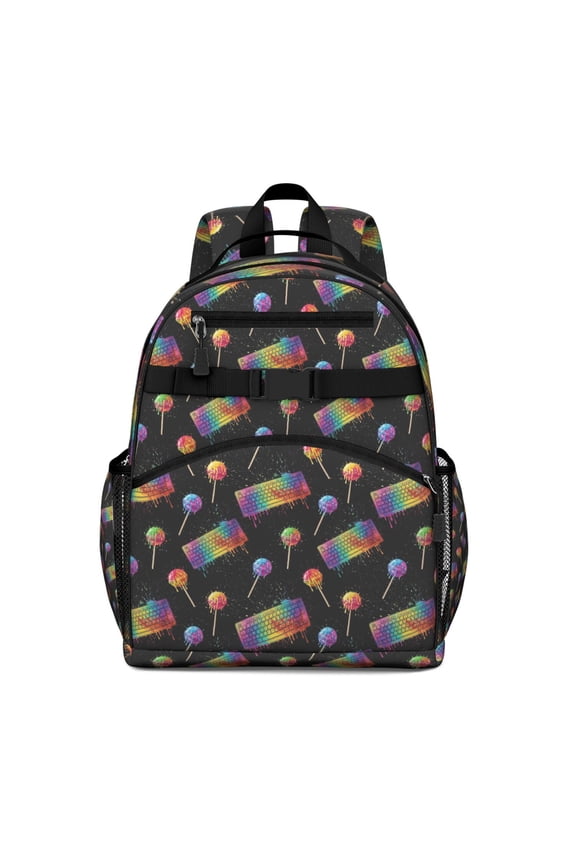 Colorful Keyboards Games Icons Black Pattern Backpack for School,Cute School Bag,Schoolbag with Adjustable Shoulder Straps & Padded Back,15.25"x11.5"x5.25"