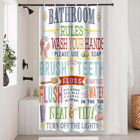 Colorful Kids Bathroom Rules Shower Curtain Funny Girls Boys Teen Inspirational Motivational Quotes Shower Curtains for Bathroom Decor 72x72Inch Washabale Fabric Bath Curtain Set with 12 Hooks