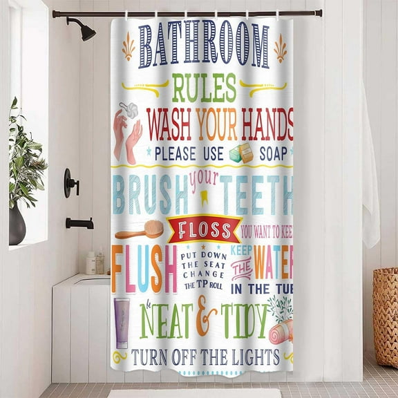 Colorful Kids Bathroom Rules Shower Curtain Funny Girls Boys Teen Inspirational Motivational Quotes Shower Curtains for Bathroom Decor 72x72Inch Washabale Fabric Bath Curtain Set with 12 Hooks