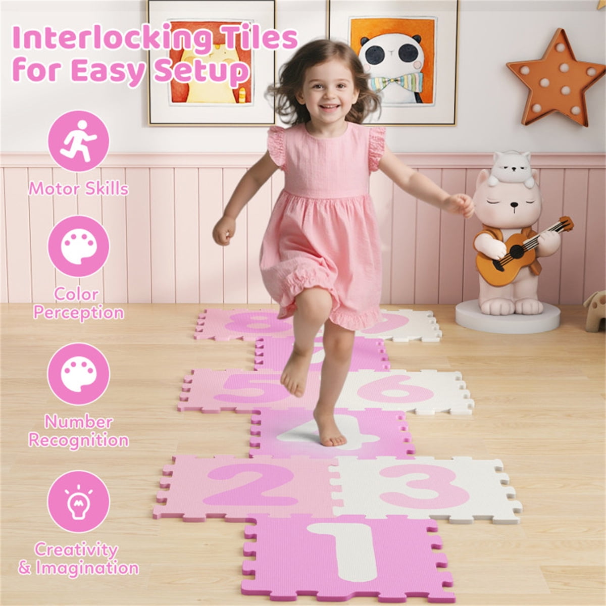 Colorful Kids Hopscotch Foam Mat 9 Interlocking Tiles 3 Marker Discs Non Slip Play Mat For Toddlers 10 Months Plus