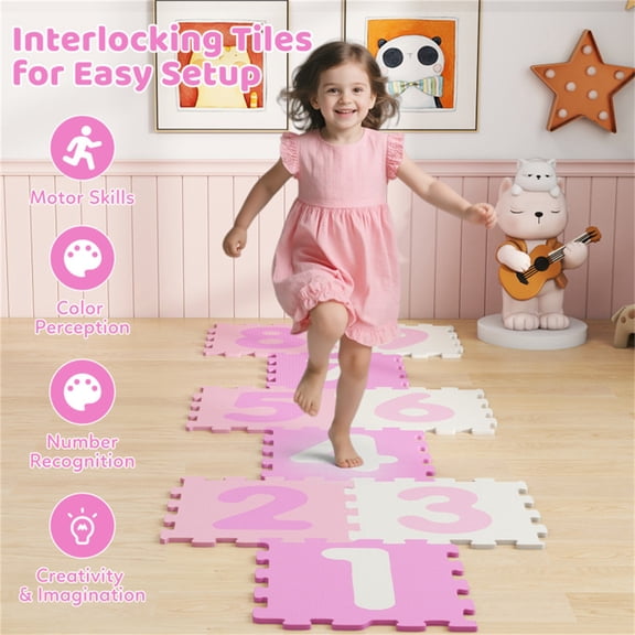 Colorful Kids Hopscotch Foam Mat 9 Interlocking Tiles 3 Marker Discs Non Slip Play Mat For Toddlers 10 Months Plus