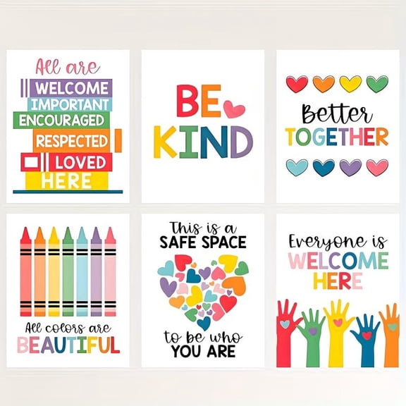 Colorful Kindness Diversity Posters Set of 6 - 8x10 Unframed Prints for Classroom