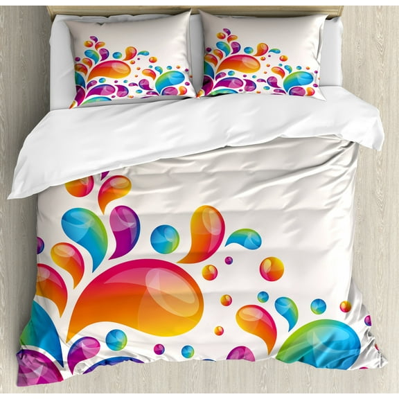 Colorful King Size Duvet Cover Set, Cute Raindrops in Different Size in Gradient Colors Abstract Splash Style Design, Decorative 3 Piece Bedding Set with 2 Pillow Shams, Multicolor, by Ambesonne