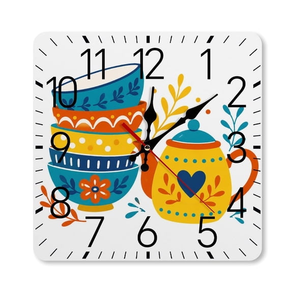 Colorful Kitchen Bowls Teapot Wall Clock Silent Non Ticking Wall Clocks Battery Operated Square Wall Decor for Bathroom Kitchen Bedroom 10×10inch(25×25cm)