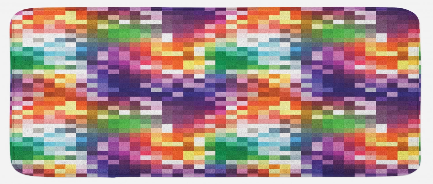 Colorful Kitchen Mat, Mosaic Rainbow Colored Checkered Squares Abstract ...