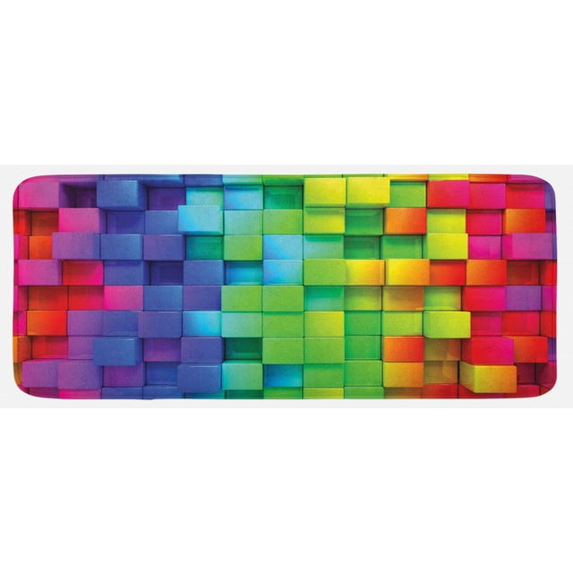 Colorful Kitchen Mat, Rainbow Colored Contour Display Futuristic Block Brick-Like Geometric Artisan, Plush Decorative Kitchen Mat with Non Slip Backing, 47" X 19", Multicolor, by Ambesonne