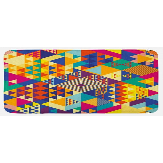 Colorful Kitchen Mat, Random Triangles Vibrant Composition Geometrical Modern Design, Plush Decorative Kitchen Mat with Non Slip Backing, 47" X 19", Multicolor, by Ambesonne
