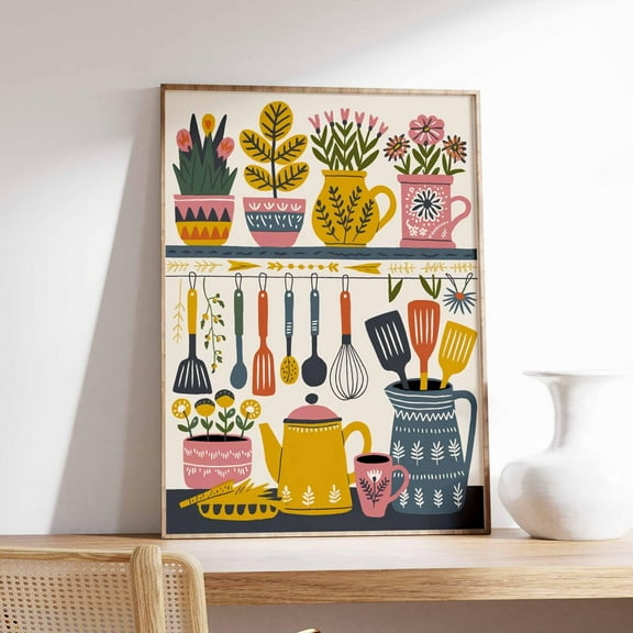 Colorful Kitchen Wall Art, Kitchen Decor, Floral Poster, Boho Scandinavian Decor, Kitchen Poster, Shelf Poster With Utensils And Flowers Wall Art, Modern Wall Decor, 8x12 UNFRAMED