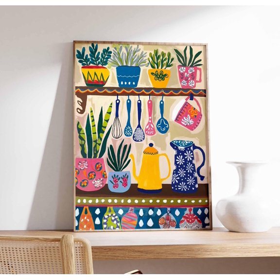 Colorful Kitchen Wall Art, Kitchen Decor, Floral Poster, Boho Scandinavian Decor, Kitchen Poster, Shelf Poster With Utensils and Flowers