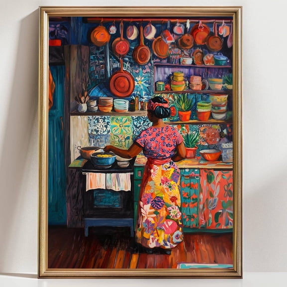 Colorful Kitchen Wall Art Print Afro Woman Cooking Illustration Boho Latin Home Decor Vibrant Culinary Artwork Folk Art Kitchen Poster, Unframed Poster Size 8x12