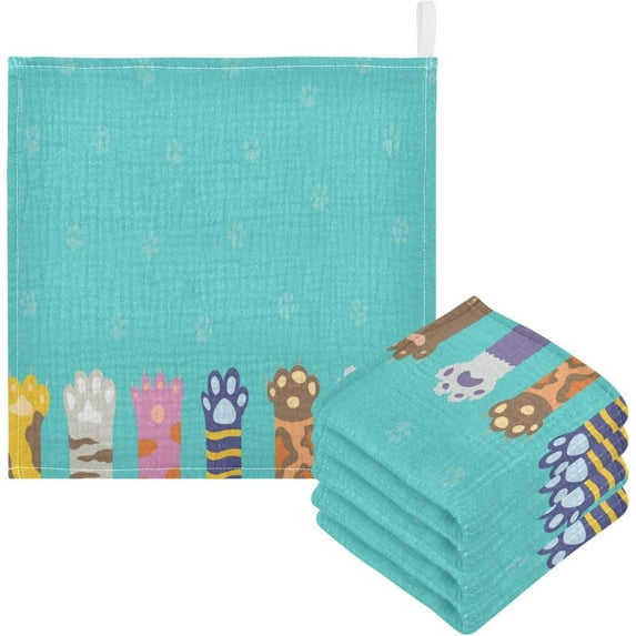 Colorful Kitten Paws Baby Muslin Washcloths Soft Absorbent Face Towel,Funny Animals Burp Cloths Cotton Bath Wipes 5 PCS Infant Wash Cloth for Newborn Boys Girls 12x12 inches