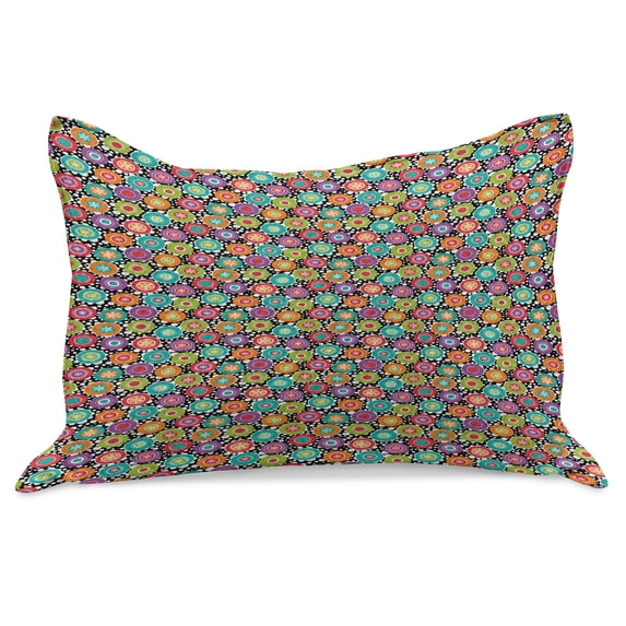 Colorful Knitted Quilt Pillowcover, Art of Ornamented Circles with Snowflakes and Polka Dots, Standard King Size Pillow Cover for Bedroom, 36" x 20", Charcoal Grey Multicolor, by Ambesonne