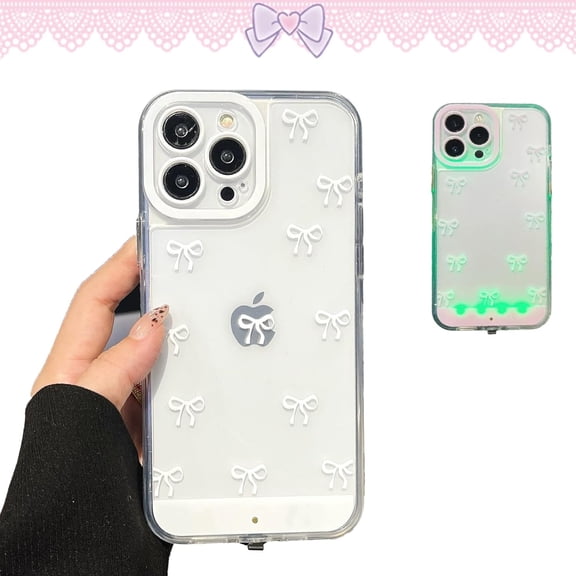 Colorful LED Bow Phone Case for iPhone 16/15/14. Illuminating case that lights up when touched, during calls, and with sound. Cute transparent TPU case with raised camera lens. Suitable for girls.