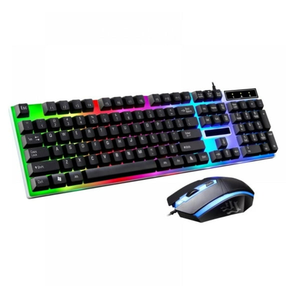 Colorful LED Gaming Keyboard + Mouse Set 3D Anti-slip Wheel Suspended Keyboard Design Computer Set, Mechanical Feel Backlit Keyboard And Mouse Set Installed For Game Player (17.2*5*1.2 in, Black)