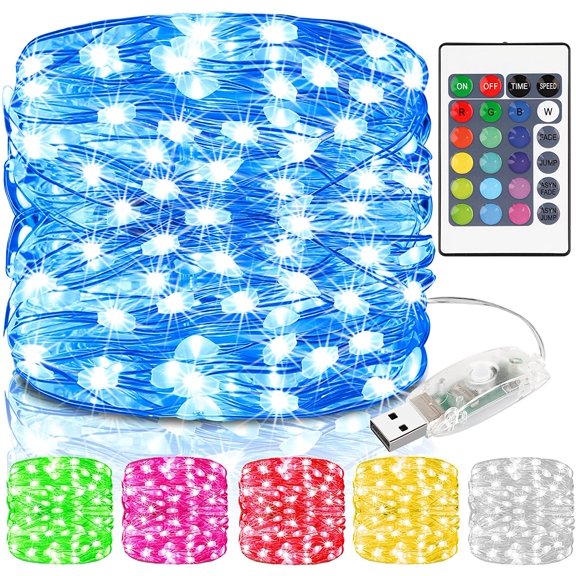 Colorful LED Indoor String Lights 16 Colors 10m 100 Outdoor LED USB Copper Wire String Lights with Remote Control and 4 Modes, IP68 Waterproof Color Changing String Lights for