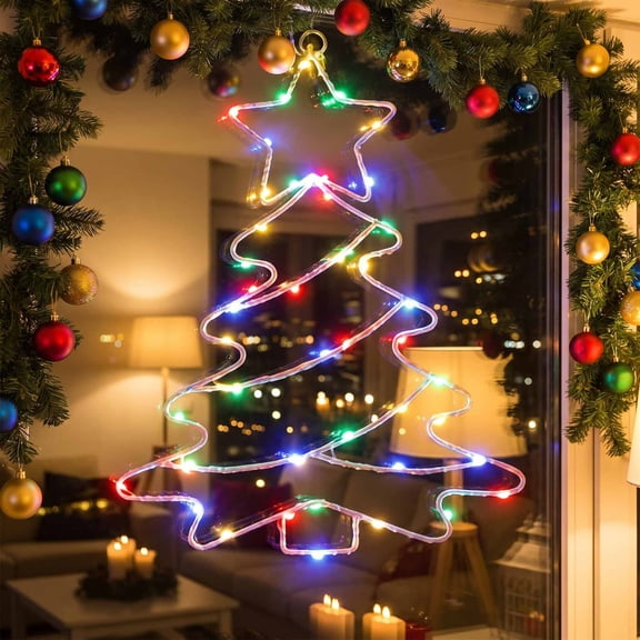 Colorful LED Iron Tree Silhouette Christmas Window Lights, Metal Ironwork Frame Festive Ambient Lamp, Easy Hang Ornament for Household Shop Window Family Xmas Party Display