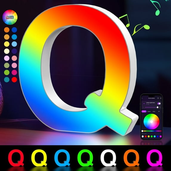 Cpeelsdo Colorful Light Up Letters, App Controlled LED Alphabet with Music Sync & Color Changing for Boy Girl Birthday Gift Christmas Wedding Bar Wall Decor - Q