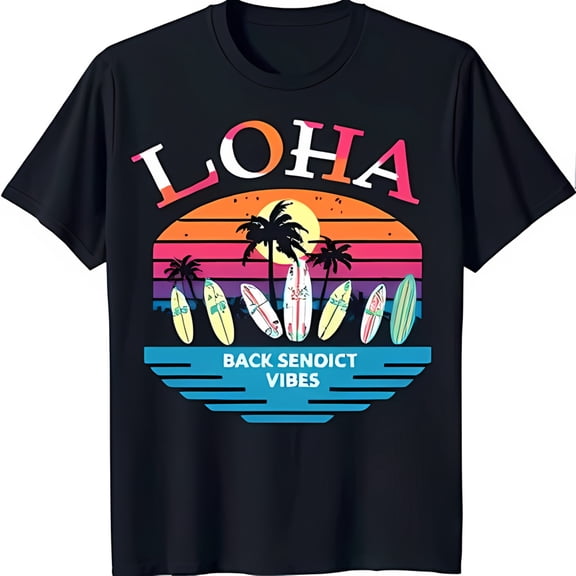 Colorful 'LOHA' Graphic Black T-Shirt with Sunset Trees & Surfboards Back Sendict Vibes