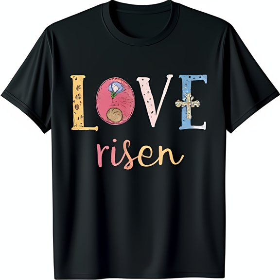 Colorful LOVE Graphic Black T-Shirt with Easter & Faith