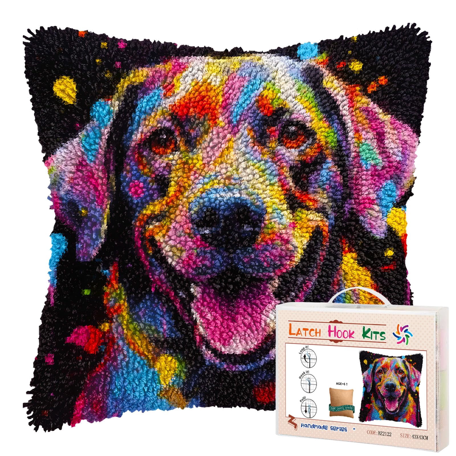 Colorful Labrador Retriever DIY Latch Hook Pillow Kits for Adults Printed Pillowcase Crochet Yarns Hooking Handmade Pillow Cover Cushion for Home Sofa Decoration 17x17inch(2)