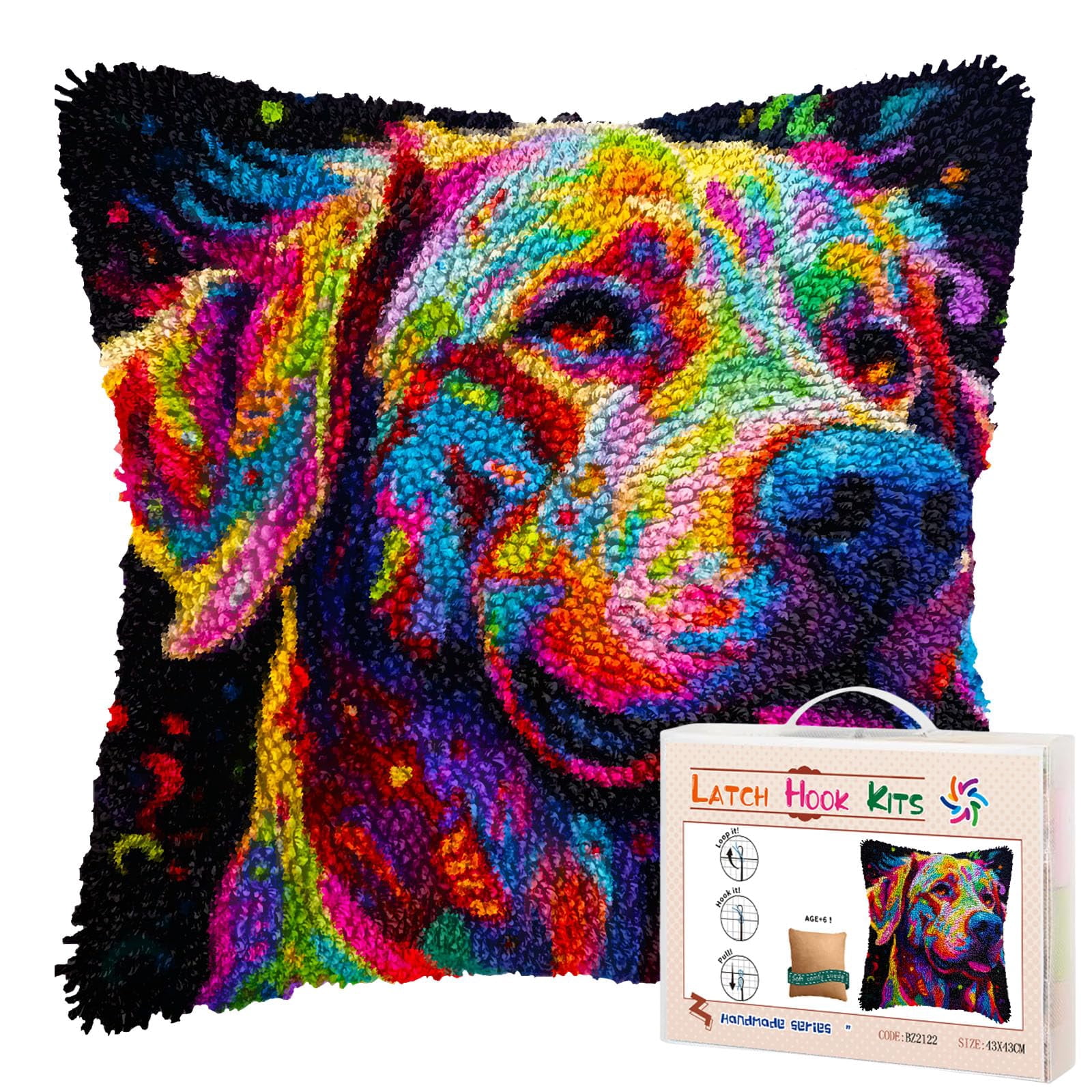 Colorful Labrador Retriever DIY Latch Hook Pillow Kits for Adults Printed Pillowcase Crochet Yarns Hooking Handmade Pillow Cover Cushion for Home Sofa Decoration 17x17inch(1)