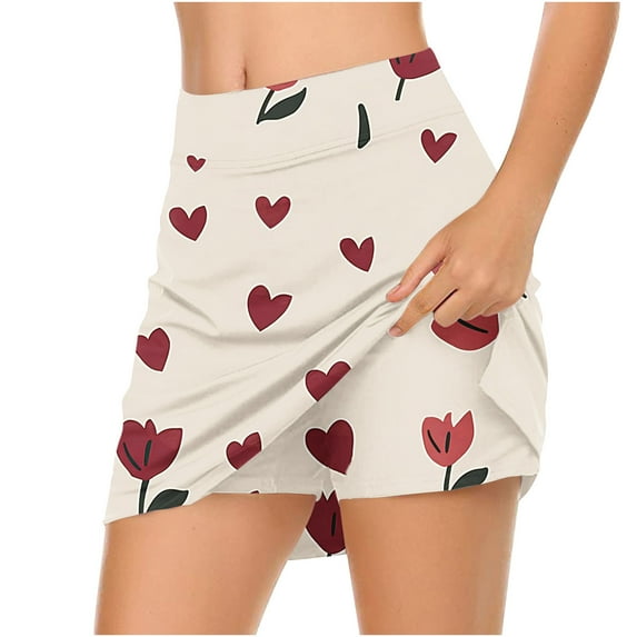 Colorful Ladies High Cut Straight Leg Fake 2 Shorts Heart Lover Print Loose Fit Skirt Pants Pantyhose Tights Shorts for Women Sport Athletic Yoga Brunch 2025 L