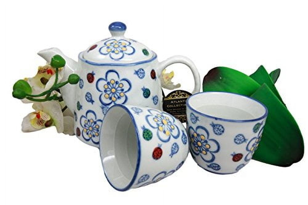 Colorful Ladybug & Flowers Pattern Glazed Ceramic 16oz Tea Pot & Cups ...