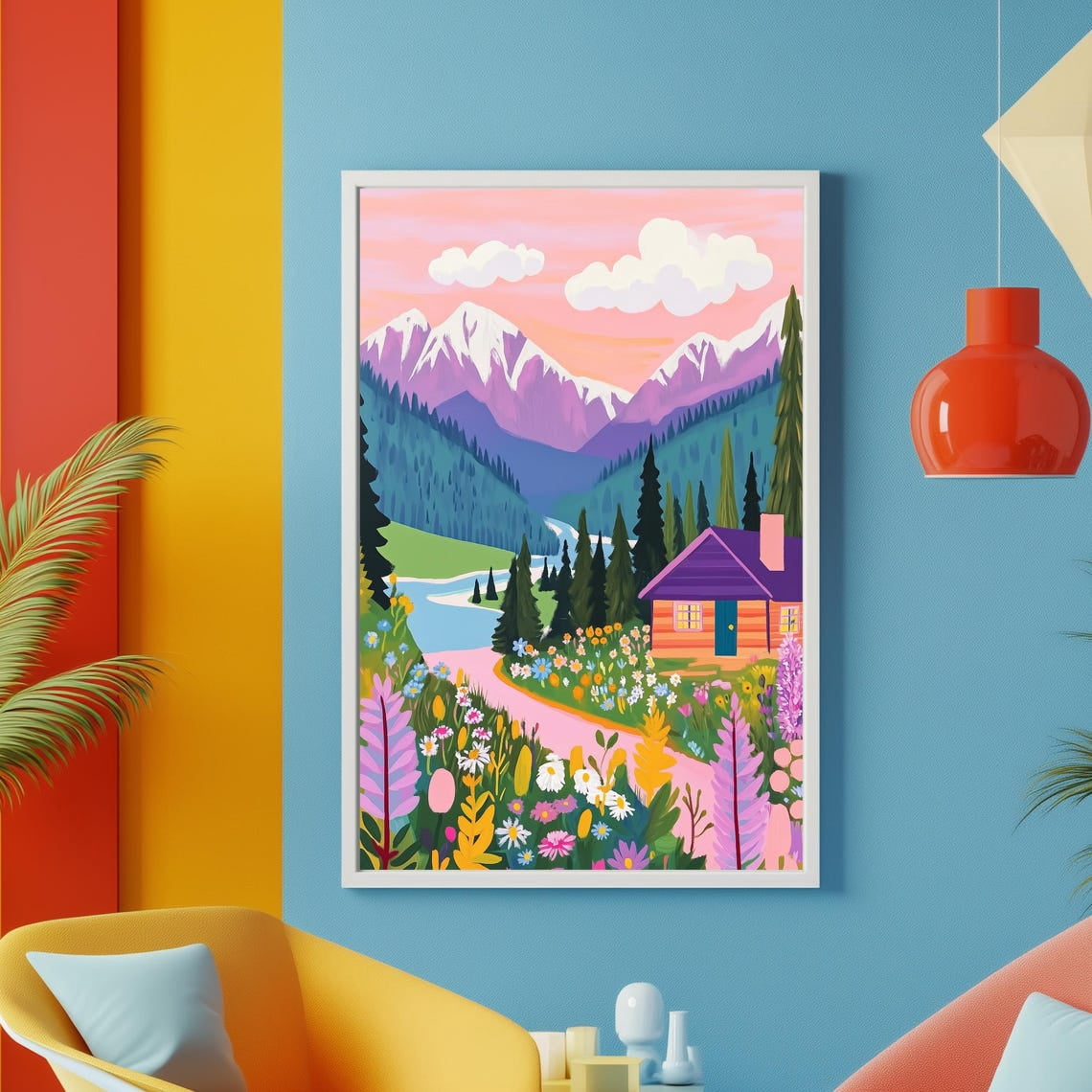 Colorful Landscape Art Print, Vibrant Nature Wall Decor, Bright Floral ...