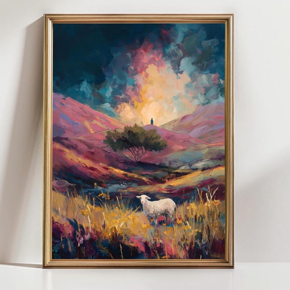 Colorful Landscape Art Sheep in Sunset Hills Pastel Mountain Art Countryside Nature Decor