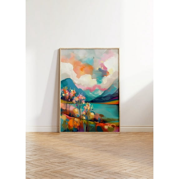 Colorful Landscape Wall Art, Soft Pastel Lake Print, Abstract Vibrant Mountain Art, Acrylic Illustration Poster, Sunset Scenery Art Wall Art, Modern Wall Decor, 12x18 UNFRAMED