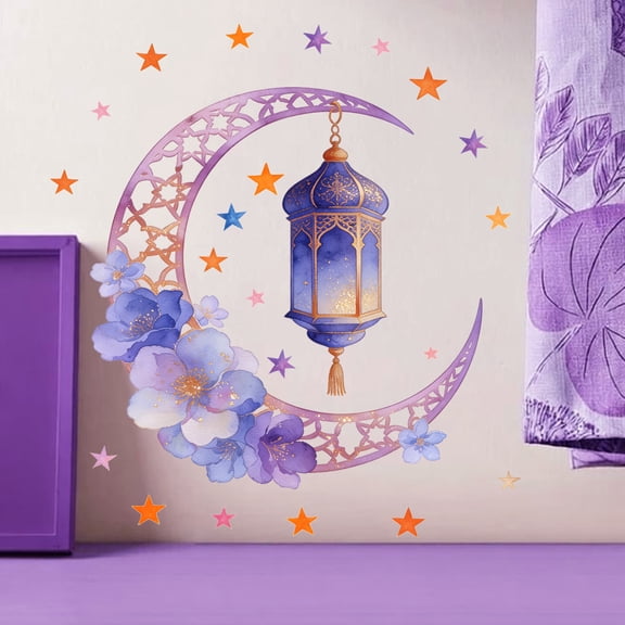 Colorful Lantern and Crescent Moon Wall Sticker 11.42x11.27in Decorative Ramadan Eid Home Wall Decal for Living Room Bedroom