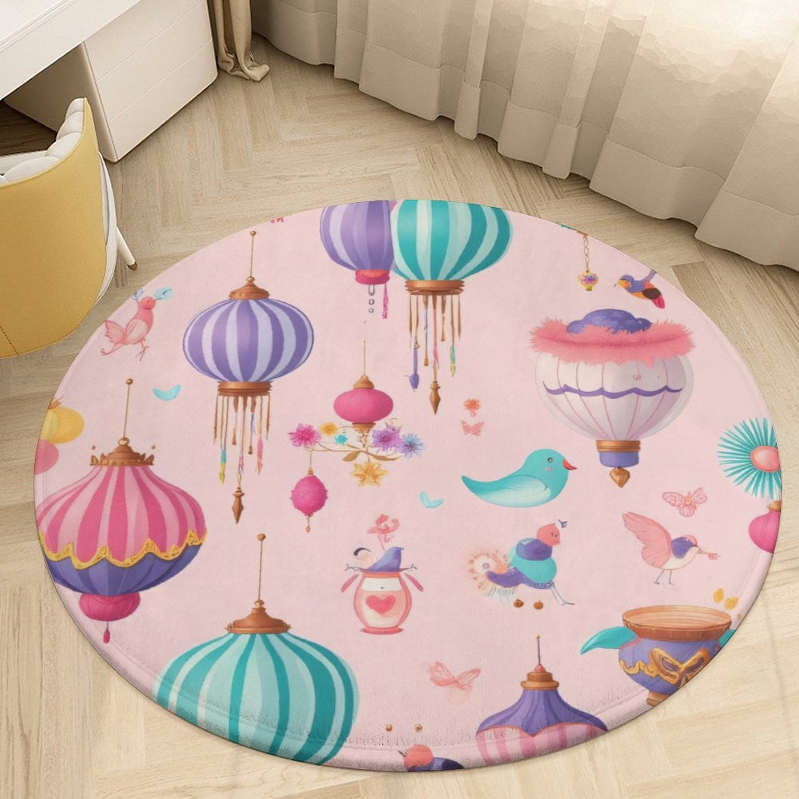Colorful Lanterns And Birds Pattern Round Area Rugs for Bedroom Living ...