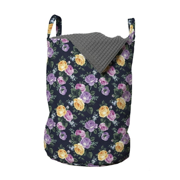 Colorful Laundry Bag, Victorian Theme Inspired Ornamental Vintage Rose Flowers and Leaves, Basket with Handles Drawstring Closure for Laundromats, 13" x 19", Navy Blue and Multicolor, by Ambesonne