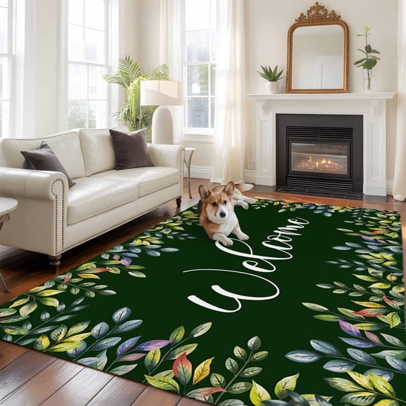Colorful Leaf Area Rugs 5x7 ft Welcome Watercolor Leaves Pastoral Style Washable Rug Non Slip Indoor Carpet Absorbent Floor Mat for Living Room Bedroom Dining Room