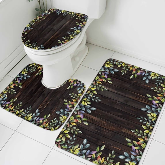 Colorful Leaf Bathroom Rugs Set Wooden Board Watercolor Pastoral Plant Non Slip Absorbent Soft Bath Mats 3 Piece Set with Bathroom Rug, U-Shaped Floor Mat, Toilet Seat Cover Small Size