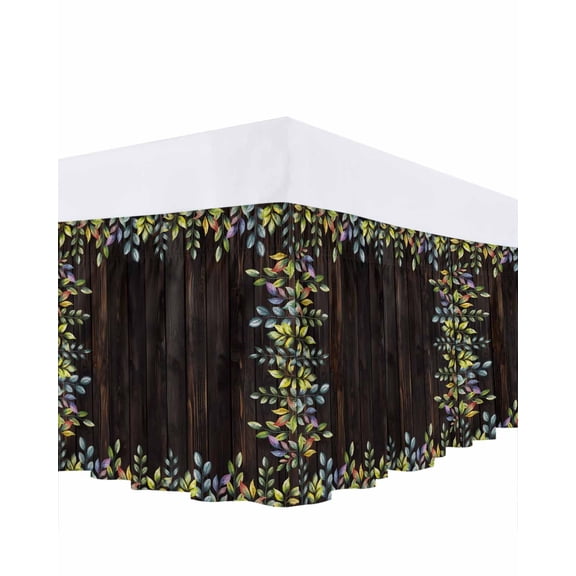 Colorful Leaf Bed Skirt Queen Size 18 Inch Drop, Wooden Board Watercolor Pastoral Plant Adjustable Elastic Dust Ruffles Bedskirt for Queen Bed Wrap Around Pleated Mattress Frame Cover