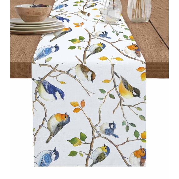 Colorful Leaf Bird Burlap Cotton Table Runner 13x48 Inches Long, Spring Summer Animal Painting Tree Farmhouse Table Runners, Outdoor Dining Tablecloths Decor for Baby Shower/Party/Wedding