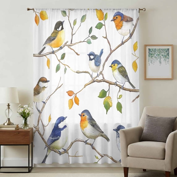 Colorful Leaf Bird Sheer Curtains 72 Inches Long, Spring Summer Animal Painting Tree Light Filering Curtains, Breathable Simi Curtain Privacy Drapes for Living Room Bedroom Window Treatment