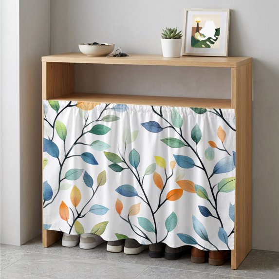 Colorful Leaf Cabinet Curtain 35"Wx35"L, Dustproof Under Sink Skirt with Self Adhesive Tape, Summer Botanical Pastoral Spring Cabinet Curtain Cover for Kitchen Sink, Bathroom Vanity, Laundry Room