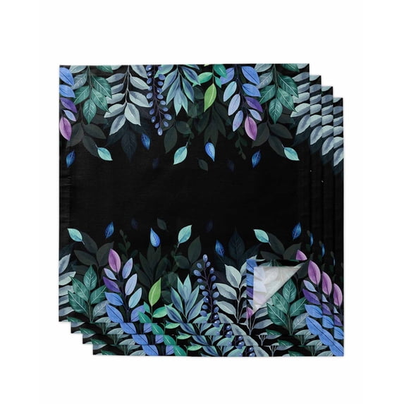 Colorful Leaf Cloth Napkins Set of 4 Reusable Dinner Napkins, Farm Pastoral Plant Watercolor Black Cocktail Napkin Washable Table Napkins for Wedding/Holiday Party/Baby Shower 20"x20"