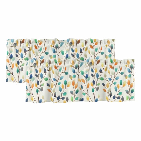 Colorful Leaf Curtain Valances for Windows, Kitchen Valance Window Treatments Panel 2 Pack, Spring Vintage Botanical Summer Rod Pocket Short Curtains for Bathroom Bedroom 54 x 18 Inch