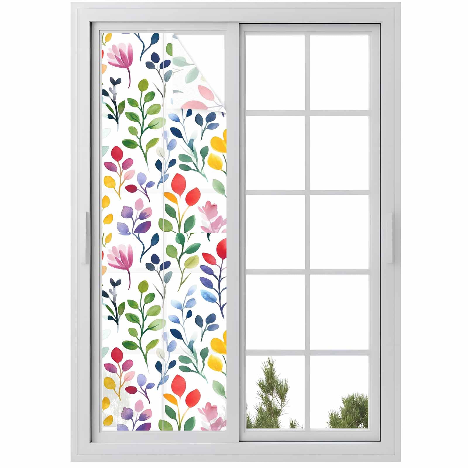 Colorful Leaf Floral Window Privacy Film, Watercolor Leaves Frosted ...