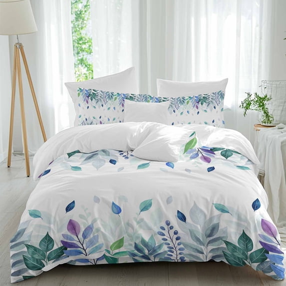 Colorful Leaf Full Size Comforter Set, Pastoral Plant Green Leaf Watercolor Bedding for All Seasons, 4 Pcs Bed Set, 1Quiltcover (86"x86") ,1Sheet(80"x116"), 2Pillowcases (30"x20")