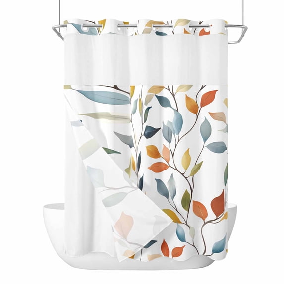 Colorful Leaf No Hook Shower Curtain Waterproof, Bathroom Curtains with Snap in Liners and See Through Top Window, Pastoral Botanical Summer Spring Hotel Style Bathtub Curtains Shower 48"Wx72"L