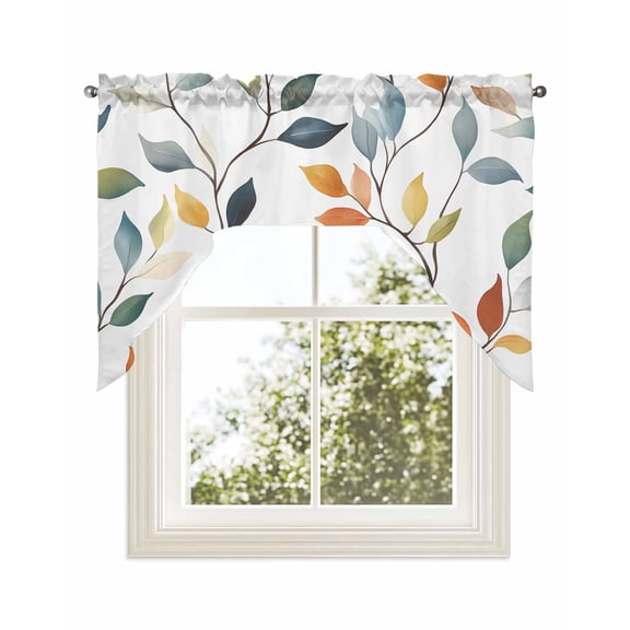 Colorful Leaf Kitchen Swag Valance for Window, Rod Pocket Short Kitchen Curtains&nbsp;36 Inch Length, Pastoral Botanical Summer Spring Swag Topper Small Window Treatment for Cafe Bathroom Bedroom
