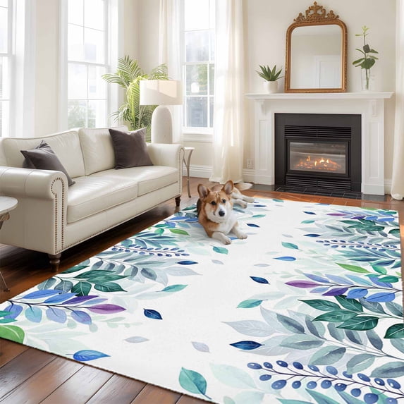 Colorful Leaf Large Area Rugs 8x10 ft Pastoral Plant Green Leaf Watercolor Washable Rug Non Slip Indoor Carpet Absorbent Floor Mat for Living Room Bedroom Dining Room