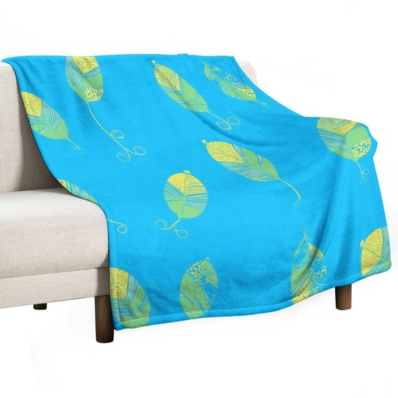 Colorful Leaf Pattern on Blue Background Throws Blankets for Sofa Bed Winter Plush Warm Blanket Holiday Gifts