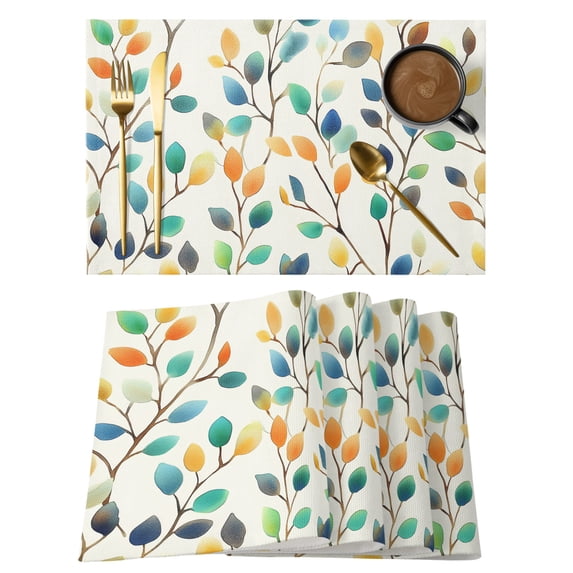 Colorful Leaf Placemats Set of 4, Cotton Linen Fabric Place Mats, Spring Vintage Botanical Summer Washable Decorative Table Mats Protector for Home Kitchen Dining Wedding Party Coffee Tables