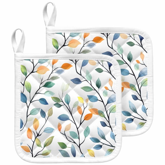 Colorful Leaf Pot Holders for Kitchen Heatproof Potholder, 2 Pack Summer Botanical Pastoral Spring Hot Pads Multipurpose Oven Pads Cloth Potholders Trivet for Cooking and Baking
