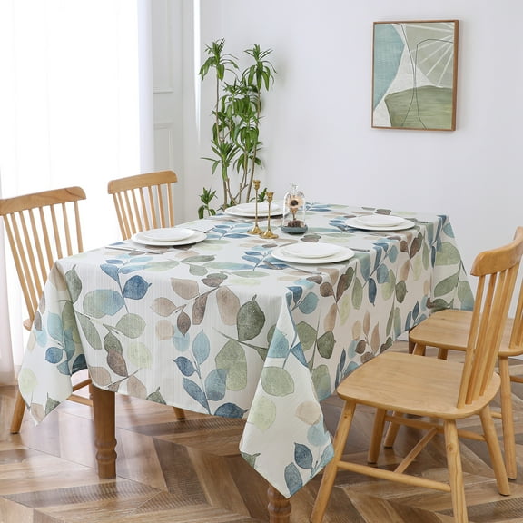 Colorful Leaf Printed Rectangle Decorative Tablecloth 60"x120"x1 Wrinkle Free and Spillproof Oblong Table Cloth Cover for Home Kitchen Dinning and Outdoor Party(6-8 Seats, Blue/Green/Tan)